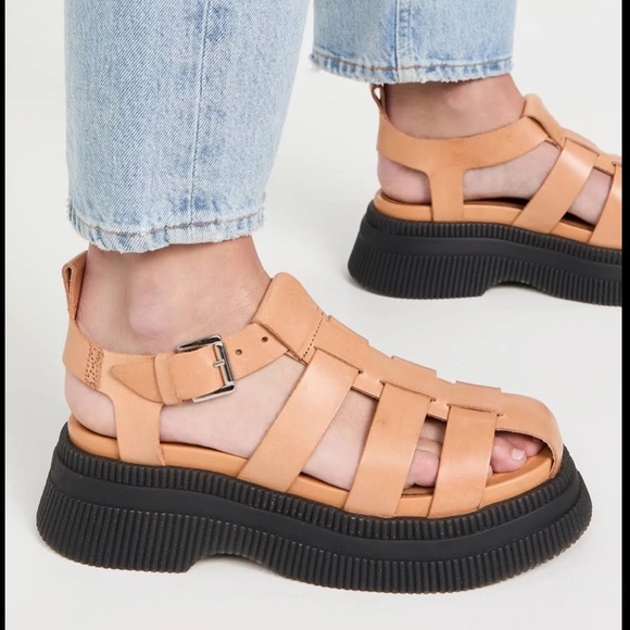 Ganni Shoes - GANNI Leather Creeper Grid Platform Fisher Sandal in Tannin